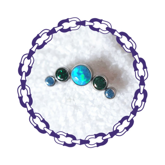 Labret Cluster Cristales Verde y Azul con opalo azul